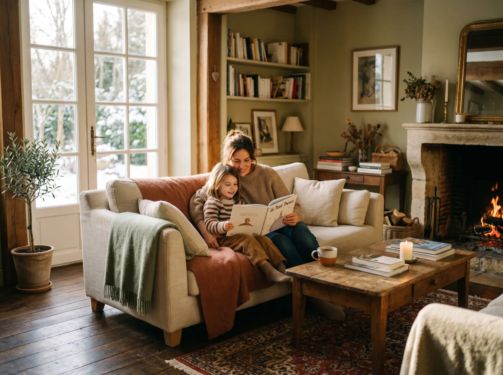 Famille dans un salon chaleureux en hiver, atmosphère confortable