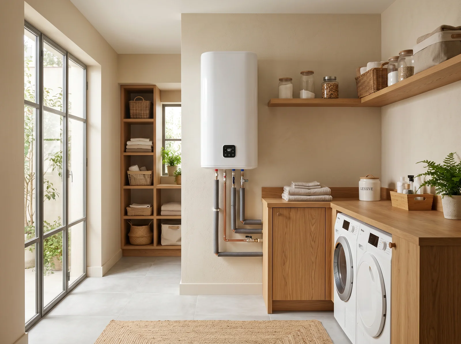 Chauffe-eau électrique mural moderne dans une buanderie lumineuse