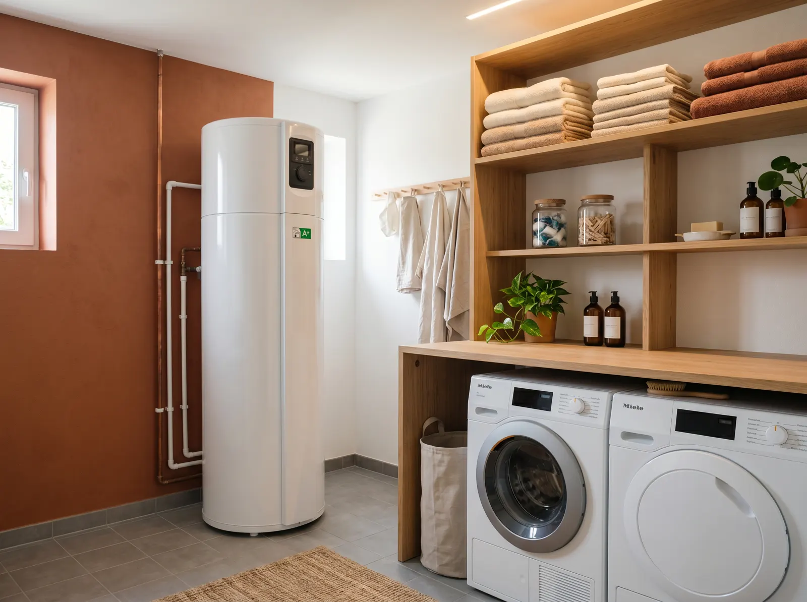 Ballon d'eau chaude thermodynamique dans une buanderie soignée