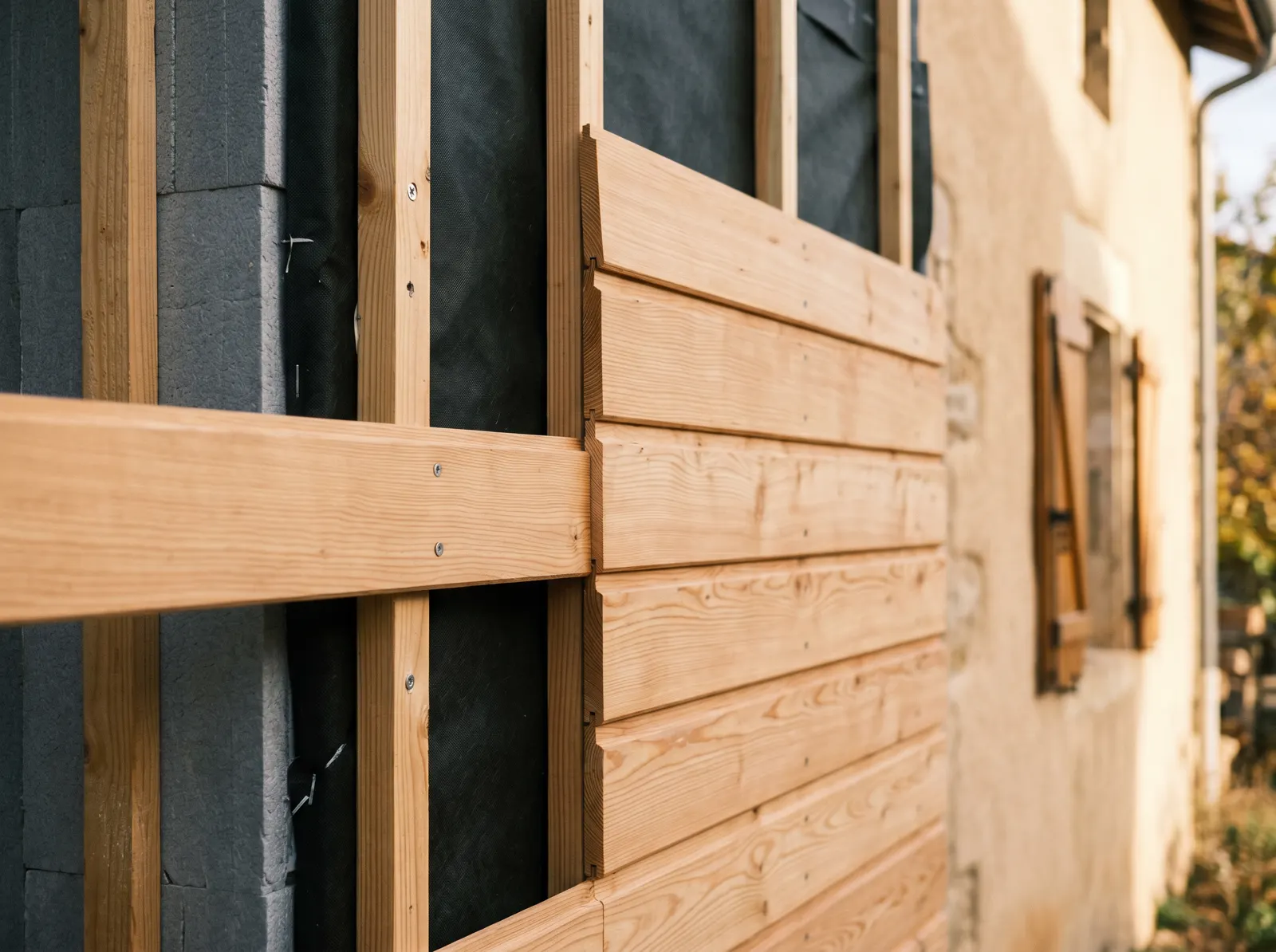 Détail d'un bardage bois posé sur une isolation thermique extérieure