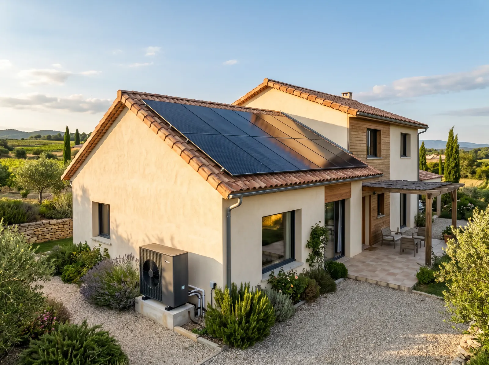 Maison contemporaine avec panneaux solaires thermiques sur toit en tuile et unité extérieure de pompe à chaleur