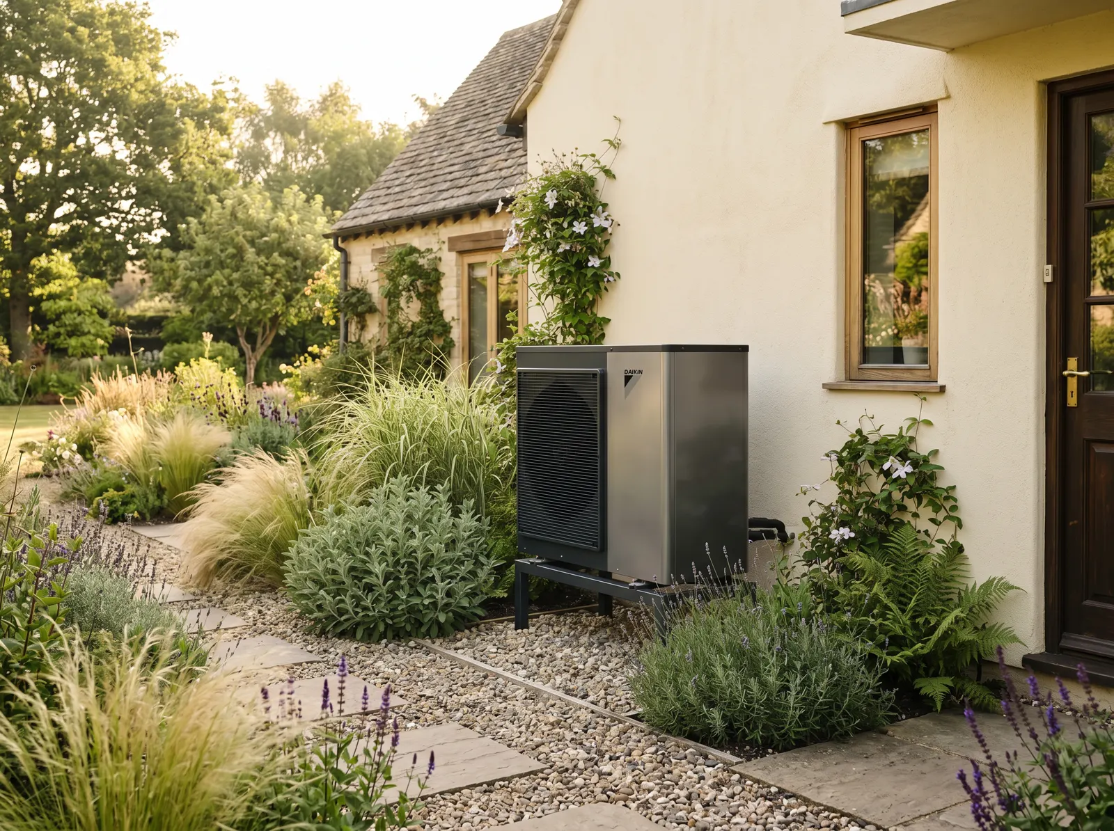 Unité extérieure d'une pompe à chaleur air-eau dans un jardin paysager