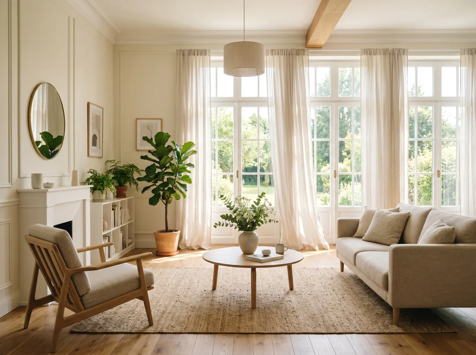 Salon clair et aéré, air intérieur sain, grandes fenêtres ouvertes